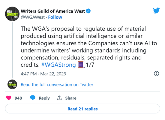 Writers Guild of America West 트위터 화면