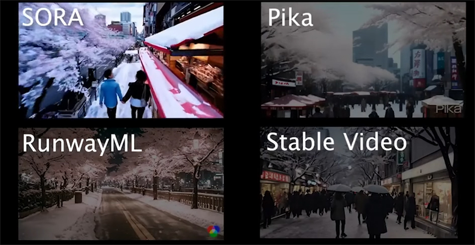 같은 프롬프트에 따른 서비스별 동영상 콘텐츠 결과물 비교. SORA, Pika, RunwayML, Stable Video