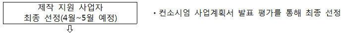 제작 지원 사업자 최종 선정(4월~5월 예정) 컨소시엄 사업계획서 발표 평가를 통해 최종 선정