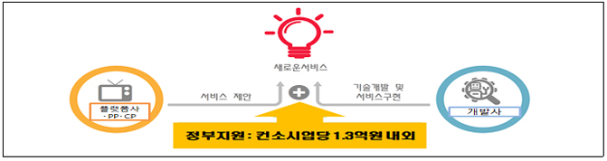 새로운서비스 플랫폼사.PP.CP 서비스제안 + 기술개발 및 서비스 구현 개발사 정부지원 : 컨소시엄당 1.3억원 내외