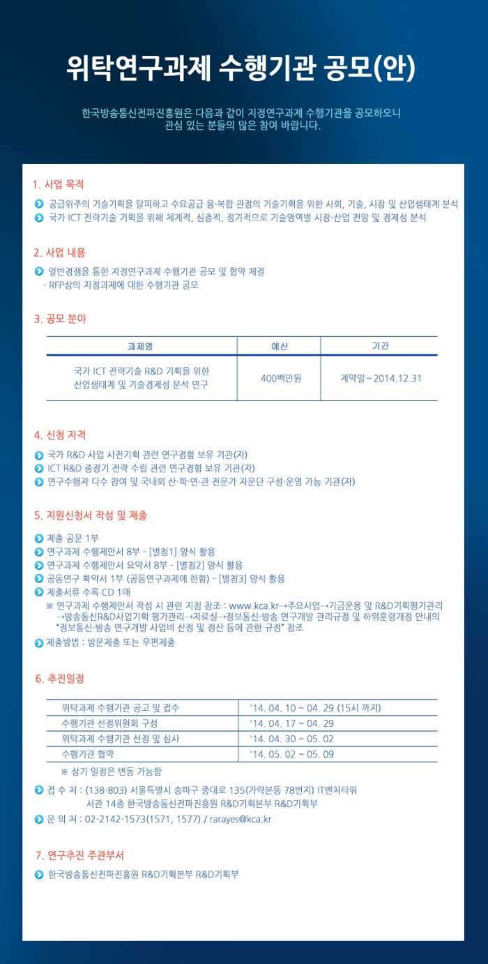 국가 ICT 전략기술 R&D 기획을 위한 산업생태계 및 기술경제성 분석 연구 위탁연구과제 수행기관 공모(안) 이미지입니다. 