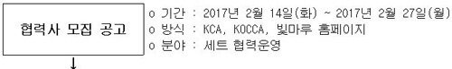 협력사 모집공고 o 기간 : 017년 2월 14일(화) ~ 2017년 2월 27일(월) o 방식 : KCA, KOCCA, 빛마루 홈페이지o 분야 : 세트 협력운영