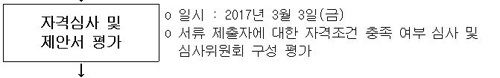 자격심사 및 제안서 평가 o 일시 : 2017년 3월 3일(금) o 서류 제출자에 대한 자격조건 충족 여부 심사 및 심사위원회 구성 평가